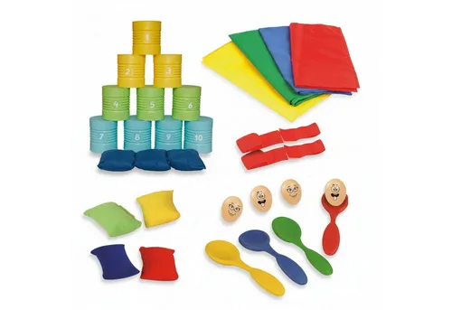 alldoro Spiel XL Kinderparty-Set, 31 Teile, Dosenwerfen, Sackhüpfen, Eierlauf & mehr, 5 Spiele für Kindergeburtstag, drinnen & draußen, Kinder ab 3 Jahre