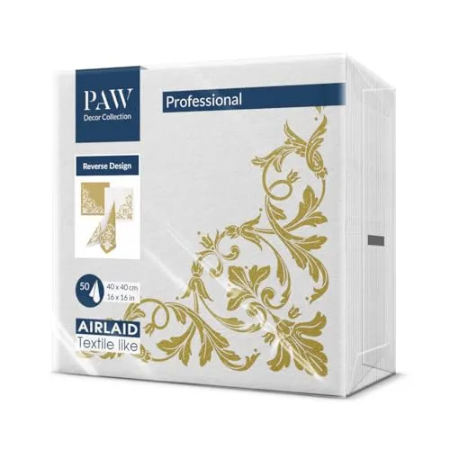 PAW - Servietten aus Airlaid - Stoffähnlich (40 x 40 cm) I 50 Stück I Ideal für Hochzeit, Taufe, Kommunion, Geburtstag I Hochwertige Tischdeko Rückseite-Muster - Weiß-Gold I Reverse Motif gold-white