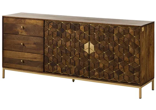 Diamond Sideboard aus massivem Mango - Elegante Kommode mit Push-to-Open Technik - Moderne Kommode aus hochwertigem Mango-Holz, 3 Schubladen und 2 Türen, goldene Eisenakzente, ideal für stilvolle Wohnräume.
