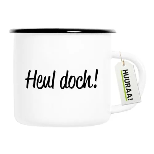 Huuraa Emaille Tasse Heul doch Schriftzug Geschenk 300ml Vintage Emaille Becher Heul doch Geschenkidee