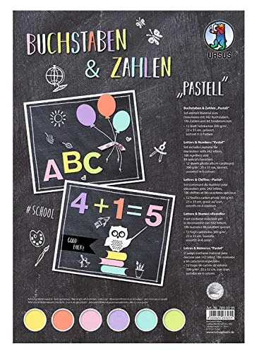 Ursus 7890099 - Buchstaben und Zahlen, pastell, aus Fotokarton 300 g/qm, 12 Blatt in 6 verschiedenen Farben, ca. 23 x 33 cm, vorgestanzt, 342 Buchstaben, 186 Zahlen, 84 Sonderzeichen, Motiv ca. 3 cm