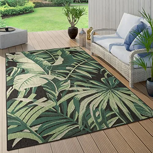 Paco Home Wetterfester Outdoor Teppich - Teppich für Flur und Balkon, rund mit floralen Boho-Muster in Grün, ideal für den Außenbereich und maschinenwaschbar, perfekt für jeden Dschungel-Look.