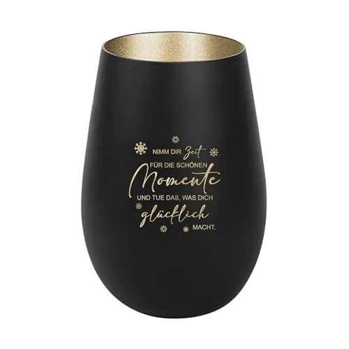 Der-Porzellan-Laden Windlicht mit Gravur Nimm dir Zeit für die schönen Momente, Schwarz Gold, Teelichthalter aus Glas mit Spruch, Tischdeko modern