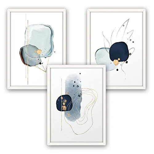 Kreative Feder 3-teiliges Premium Poster-Set | Kunstdruck | Abstrakt blau | Deko Bild für Ihre Wand | optional mit Rahmen | Wohnzimmer Schlafzimmer Modern Fine Art | DIN A4 / A3 (A3, weißer Rahmen)