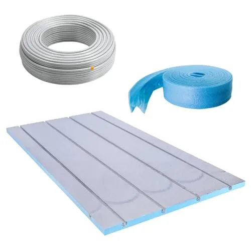 Belvit Fußbodenheizung Trockenbau Set mit XPS 500 Platten, 10 m² - Einfache Montage und minimale Aufbauhöhe von nur 25 mm. Ideal für Renovierungen ohne Estrich. Aluminiumkaschierte Platten sorgen für schnelle Wärmeverteilung und hohe Stabilität bei Fliesen, Laminat und mehr.