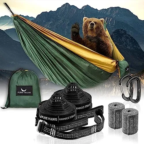 PURE HANG Premium Camping Hängematte Outdoor 2 Personen aus Nylon Fallschirmseide für Reise, Travel, Garten mit Befestigung Aufhänge Set | 300kg Belastung (Dunkelgrün)