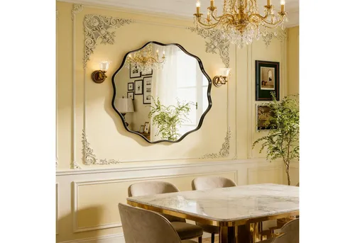 MC Star Großer Wellenrand-Rundspiegel mit Metallrahmen - Eleganter Wandspiegel mit strukturiertem Metallrahmen, ideal für Badezimmer, Eingangsbereich und Wohnzimmer. Schafft eine stilvolle Atmosphäre und verleiht jedem Raum das gewisse Etwas.
