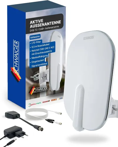 Aktive DVB-T2 Außenantenne mit LTE Sperrfilter - DVB-T/T2-Antenne mit eingebautem Verstärker für optimalen Empfang, ideal für HD und 4K Fernsehen.