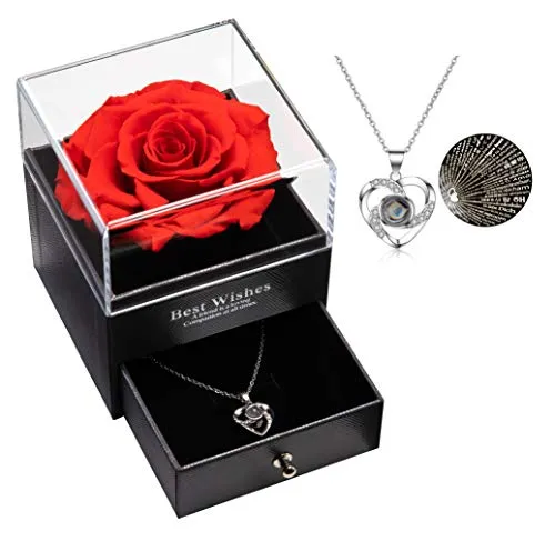 Eaprala Ewige echte Rose mit I Love You Halskette 100 Sprachen Schmuck Geschenkbox Ewige echte Rose für Valentinstag Muttertag Hochzeit Jahrestag Geburtstag Geschenk für sie (Rot)