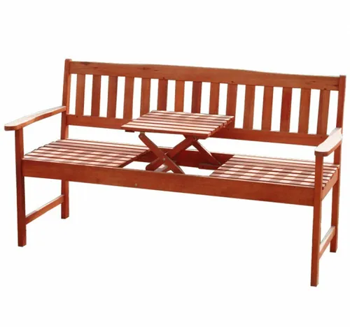 3-sitzer FSC Eukalyptus Gartenbank mit integriertem Tisch - Stühle: Klassische Holzbank für bis zu 3 Personen, mit praktischem integrierten Klapptisch – ideal für Garten und Terrasse.