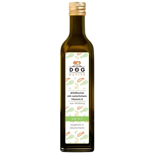 Dog-Native Wildfischöl für Hunde, Omega-3 Öl für Fell & Haut, Fischöl aus Wildfang, Barföl mit Vitamin E, Lachsöl Alternative in dunkler Glasflasche, 500ml