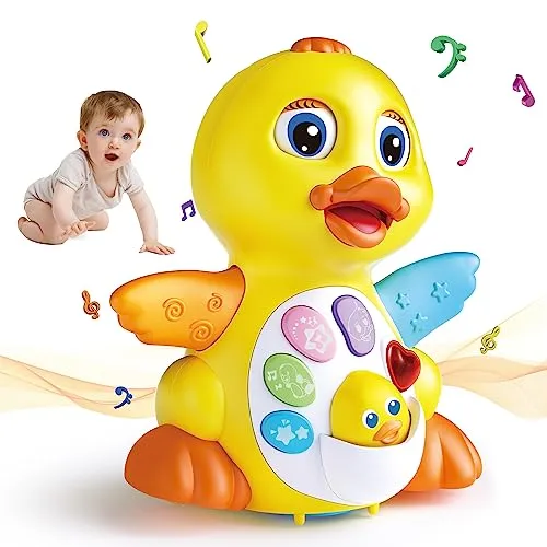 MOONTOY Musik Ente Kinderspielzeug für 1 Jahr - Bewegliche und musizierende Ente für Kinder ab 6 Monaten. Fördert die sensorische Entwicklung mit 7 Melodien und Lautstärkeregler. Ideal als Geschenk für Geburtstage und Feste.