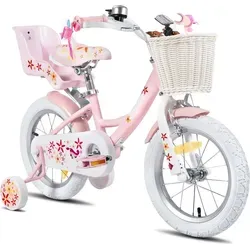 HILAND Joystar 14 Zoll Kinderfahrräder Mädchen mit Puppensitz, Stützräder, Korb, Schutzbleche, V-Brake-Bremsen, Rosa - Rosa