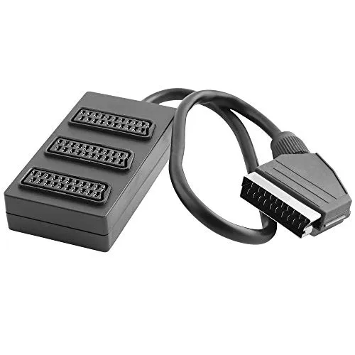 BestPlug Audio Video Verteiler, 1 Scart-Stecker männlich auf 3 Scart Buchse Kupplung weiblich, mit 40cm Kabel, Schwarz