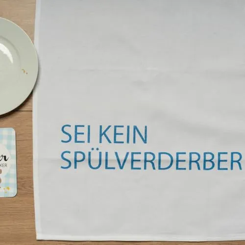 17;30 HOME Geschirrtuch, Humorvolles Design, 100% Baumwolle, SEI KEIN SPÜHLVERDERBER Spruch, umweltfreundlich, weiß blau, 50x70 cm