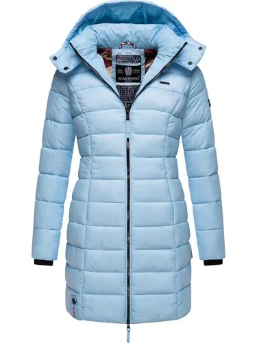 MARIKOO Damen langer Wintermantel warmer Steppmantel mit abnehmbarer Kapuze Abendsternchen Baby Blue Gr. M