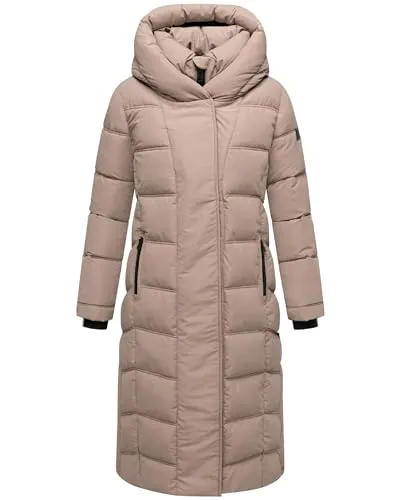 Navahoo Damen Langer Wintermantel warmer Steppmantel mit innenliegenden Rucksackträgern und Magnet-Knöpfen Engelsfeder XIV Taupe Grey Gr. S