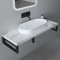 Mai & Mai Waschbeckenauflage 50x120cm inkl. Edelstahlkonsolenträger Waschtischhalter Weißer Marmor Platte05