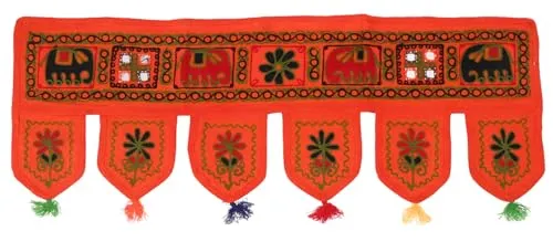 GURU SHOP Indischer Wandbehang, Orientalischer Wimpel mit Pailletten, Türbehang - Elefant Orange, 30x85 cm