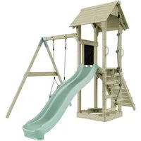OutdoorToys Spielturm - Schaukel und Kletterturm aus robustem Holz in mintgrün, ideal für Kinder ab 3 Jahren, fördert Bewegung und Spiel im Freien.