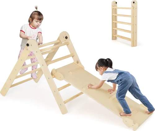 COSTWAY 3-in-1 Dreieckskletterspielzeug - Vielseitiges Kletter-Set für Kinder ab 3 Jahren, faltbar und höhenverstellbar. Fördert Bewegung und Kreativität mit 3 Spielweisen und sicherer Konstruktion.