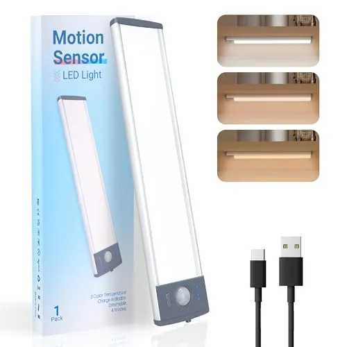 LEPOTEC Schrankbeleuchtung Kabellose 52LED Unterbauleuchte Küche Led mit Ladeanzeige, Wiederaufladbare Nachtlicht mit Bewegungsmelder, 3 Farbtemperaturen Led Leiste Schranklicht für Kleiderschrank (1)