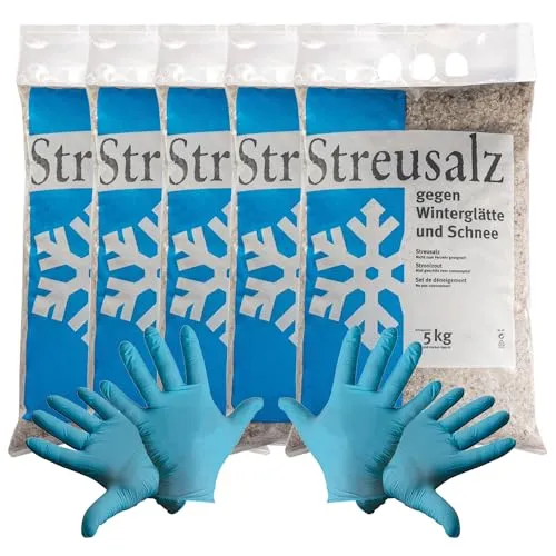 5x Streusalz/Auftausalz grobkörnig 5 kg + 2 paar Einweg Nitril-Handschuhe