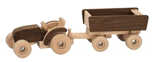 Goki 55915 - Traktor mit Anhänger aus Holz - Spielzeug-Traktor und Anhänger aus hochwertigem Holz, perfekt für kreative Spielstunden und umweltfreundlich.