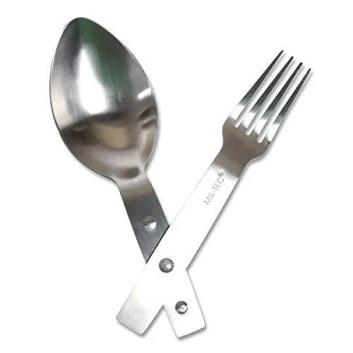 Mil-Tec 1x Göffel (Kombination aus Löffel und Gabel) Essbesteck, Edelstahl, Silber, Lässig, Poliert, Zusammenklappbar, Outdoor, Camping, Reise, Spülmaschinenfest
