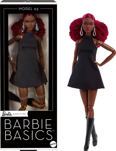 Barbie Basics-Modell 3, Sammlerpuppe mit roten Locken, schwarzem Minikleid und Stiefeln, Mode in universeller Passform, beweglichem großem Körperbau und austauschbarem Kopf, JBH75