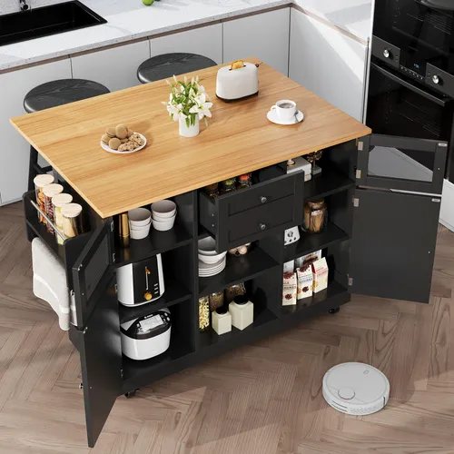MODFU Moderner Kücheninsel Buffetschrank mit verstellbare Trennwände,Beistellschrank Esszimmerwagen mit Seitenregalen,mit Holzmaserung und Rollen,Schwarz