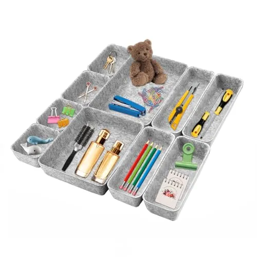 Veftsvy schubladen organizer, Stapelbare Filz-Aufbewahrungsboxen – Vielseitiges Ordnungsystem für Schreibtisch, Kommode, Kleiderschrank & Nachttisch – Hellgrau, 10er-Set