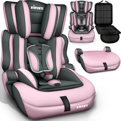 KIDUKU Autokindersitz 9-36 kg, Grau/Pink - Kindersitz Gruppe 1/2/3, ECE R 129/03, sicherer 5-Punkt-Gurt, ideal für Kinder von 1-12 Jahren, komfortabler Baumwollbezug.
