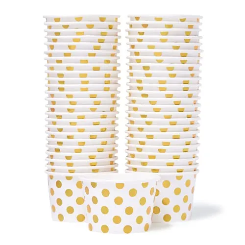 Papier-Eisbecher – 50 Stück 266 ml Einweg-Dessertschalen für heiße oder kalte Speisen, 266 ml Partyzubehör Leckerlibecher für Eisbecher, Frozen Joghurt, Suppe, Goldfolie mit Punkten