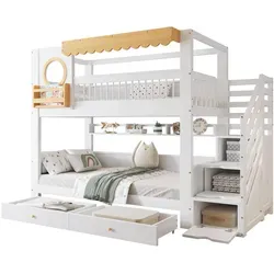 Stilvora Etagenbett Weiß-Natur, 90x200 cm, mit 2 Schubladen und 3 Ablagefächern - Das Stilvora Etagenbett bietet sicheren Schlafplatz und praktische Aufbewahrung für Kinderzimmer. Mit stabiler Konstruktion und zusätzlicher Schutzbarriere für mehr Sicherheit. Ideal für platzsparende Lösungen und Ordnung im Alltag.