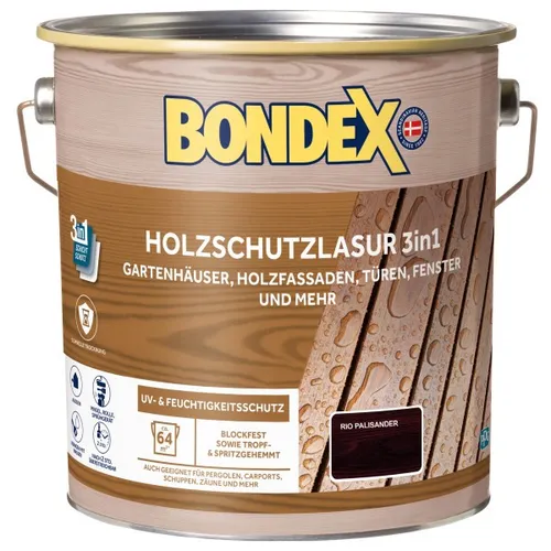 Bondex Holzschutzlasur 3in1 außen, 4L - Seidenmatt, UV- & Feuchtigkeitsschutz in Rio-Palisander - Farben & Lacke - Innovative 3in1 Holzschutzlasur für außen, schützt effektiv gegen UV-Schäden und Witterungseinflüsse, ideal für Gartenhäuser und Holzfassaden.