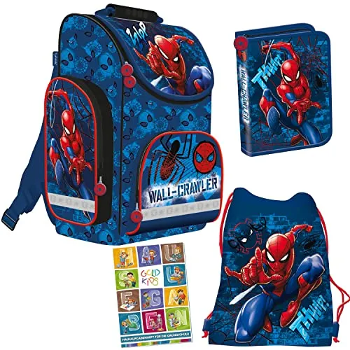 Goldkids Schulranzen Set Spiderman Marvel - 4-teiliges Set für die Grundschule - Vielseitiges 4-teiliges Schulranzen-Set mit ergonomischen Schultergurten, wasserabweisendem Material und reflektierenden Elementen. Ideal für die 1. Klasse, umfasst Ranzen, Federmappe, Turnbeutel und Hausaufgabenheft.