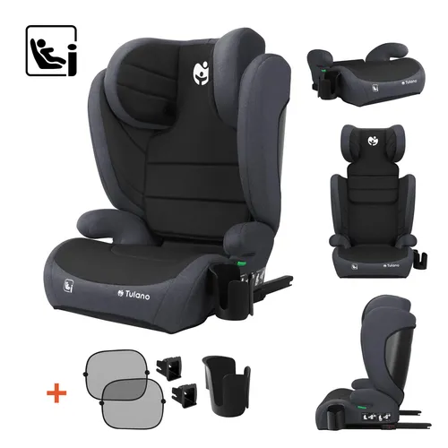 Tulano Joy 35 Schwarz-Grau – i-Size Kindersitz R129, 100–150 cm, ISOFIX & Gurt, 13-fach Kopfstütze, Getränkehalter, Sonnenblenden