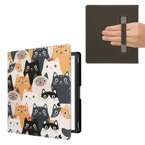 kwmobile Klapphülle kompatibel mit Amazon Kindle Scribe (2022/2024) Hülle - Flipcase für den eReader mit Handschlaufe - Katzen Orange Schwarz Weiß