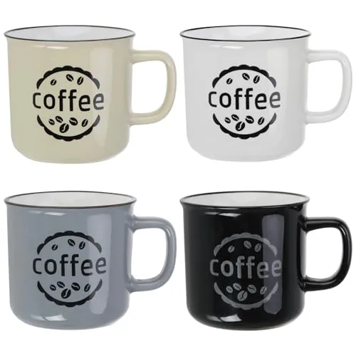 com-four® 4x Kaffeebecher im Vintage-Design - 380 ml Kaffeetasse aus Keramik - Henkeltasse im Emaille-Look für zu Hause, Büro, Garten, Camping (4 Stück - beige/grau/schwarz/weiß)