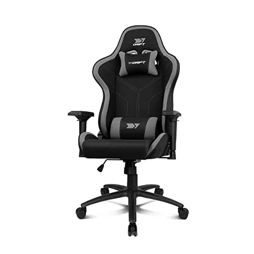DRIFT GAMING Chair DR110 -DR110BGRAY - Gaming Chair, atmungsaktiver Stoff, 4D-Armlehnen, geräuscharme Rollen, Klasse 4 Kolben, neigbar, Lenden- und Nackenkissen, grau