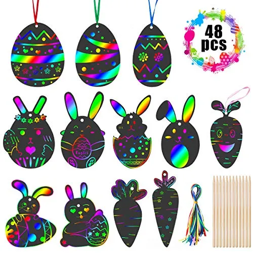 Stuck Ostern Kratzbilder für Kinder, Regenbogen Kratzpapier zum Basteln mit Schablonen, Holzstiften für Erwachsene Jungen Mädchen DIY 48