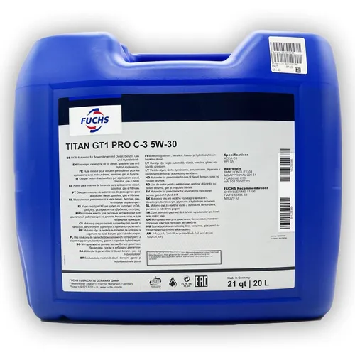 FUCHS TITAN GT1 PRO C-3 5W30 LONGLIFE 20L - Hochleistungs-Motoröl für VW 504.00/507.00, bietet optimalen Schutz und verbesserte Effizienz, ideal für moderne Motoren.
