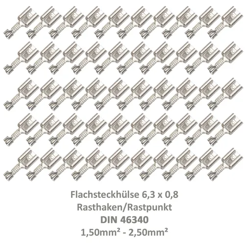 Flachsteckhülse 6,3x0,8 Kabelschuh unisoliert 1,50²-2,50² DIN 46340 Rasthaken 50