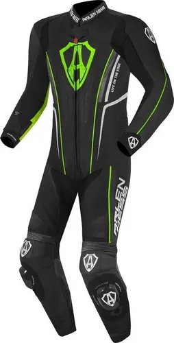 Arlen Ness Losail 1-Teiler Lederkombi, schwarz-grün, Größe 52 für Männer - Hochwertige Motorrad-Kombi aus vollnarbigem Rindsleder mit Stretch-Einsätzen für optimale Bewegungsfreiheit. Ideal für Biker, die Wert auf Stil und Komfort legen.