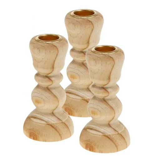 Kerzenhalter Holz Set 3 Stk im Landhausstil - 3 gedrechselte Kerzenhalter aus Holz, Höhe 11 cm, ideal für eine charmante Tischdeko im Frühling. Perfekt für gemütliche Abende!