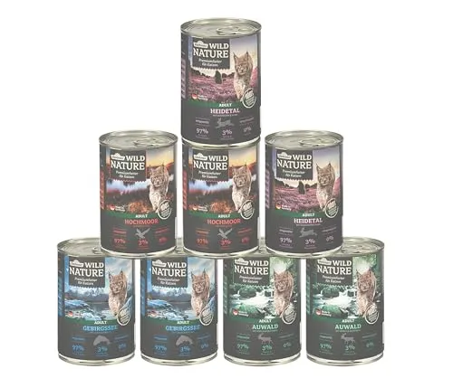 Dehner Wild Nature Katzenfutter Probier-Set, Nassfutter getreidefrei / zuckerfrei, für ausgewachsene Katzen, Fisch / Wild / Geflügel / Hase, 8 x 400 g Dose (3.2 kg)