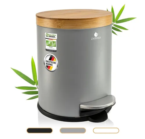 Exitoso 5L Mülleimer Bad Grau - Tretmülleimer mit Soft-Close und Bambusdeckel - Haushaltszubehör mit Soft-Close Funktion für geräuschlose Nutzung und hochwertigem Bambusdeckel, ideal für stilvolle Badezimmer.