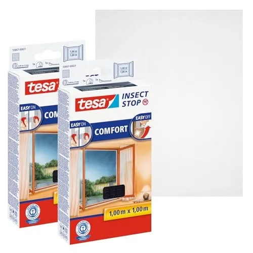 tesa INSECT STOP Klett Fliegengitter Premium für Fenster, Insektenschutz mit starkem Klettband, rückstandsfrei entfernbar, zuschneidbar, ohne Bohren - 2x 100cm x 100cm - Anthrazit (Durchsichtig)