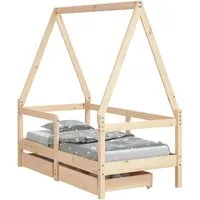 vidaXL Kinderbett mit Schubladen 70x140 cm aus massivem Kiefernholz - Robustes Kinderbett in Hausform mit praktischen Schubladen zur Aufbewahrung, ideal für Kinder von 18 Monaten bis 4 Jahren.